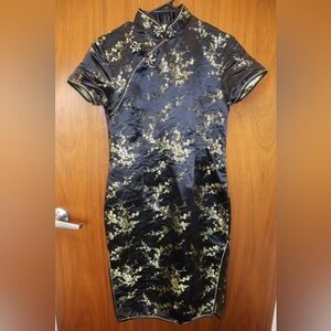 Elegant Black and Gold Floral Qipao Dress